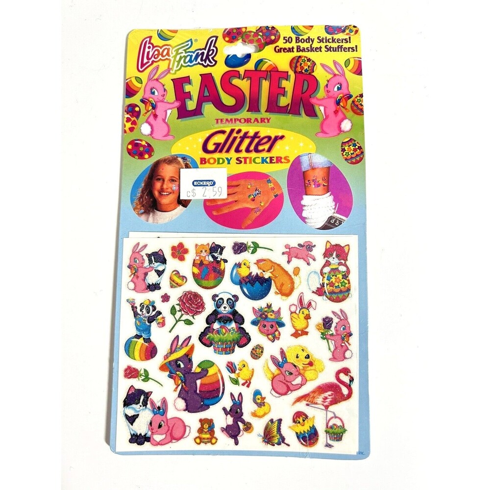 Vintage Lisa Frank 50 Glitter Body Stickers Easter Sealed Bunny Cat Made in USA